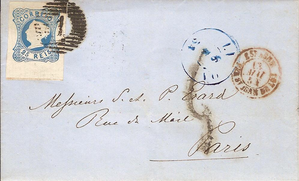 002.050.fb
06.05.1854
Carta circulada de Lisboa para Paris (França), franqueada com selo de 25 réis (CE 2) do tipo II em margem inferior de folha, correspondente ao porte territorial simples para uma carta até 3 oitavas. Selo obliterado com carimbo de barras 4:7:4 Nr. 1 de Lisboa. Carimbos datados de Lisboa (azul), de  trânsito e de chegada (15.05.1854).
 

