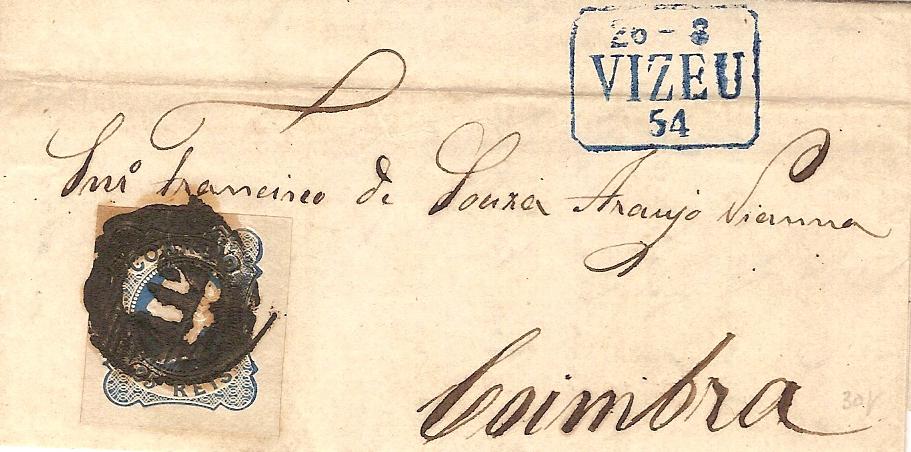 002.052.fb
26.08.1854
Carta circulada de Viseu para Coimbra, franquiada com selo de 25 réis (CE 2) do tipo II, correspondente ao porte interno simples para uma carta até 3 oitavas. Selo obliterado com carimbo de barras 5:10:5 Nr. 112 de Viseu. Carimbo datado do período pré-adesivo (azul) GM-VIS 8 "VIZEU".

