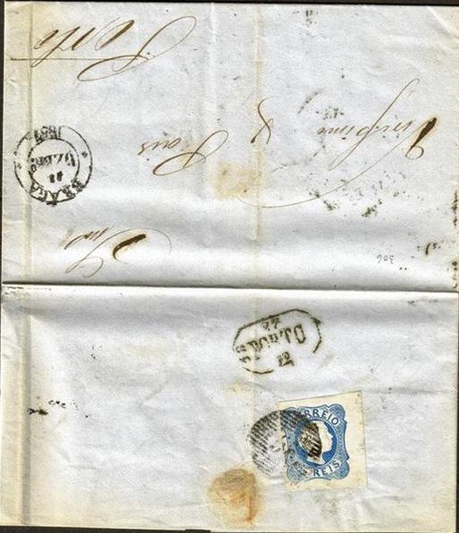 006.051.ar
26.12.1857
Carta circulada de Braga para o Porto,  franquiada no verso com selo de 25 rÃ©is (CE 6), correspondente ao porte interno simples para uma carta atÃ© 3 oitavas. Selo obliterado com carimbo de barras 6:8:6 Nr. 56 de Braga. Carimbos datados de Braga (duplo cÃ­rculo) e de chegada (27.12.1857).
