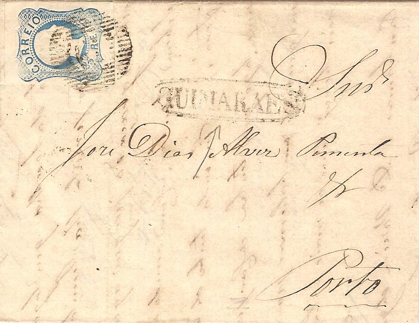 007.050.fb
22.04.1856
Carta circulada de Guimarães para o Porto, franquiada com selo de 25 réis (CE 7), correspondente ao porte interno simples para uma carta até 3 oitavas. Selo obliterado com carimbo de barras 6:8:6 Nr. 61 de Guimarães. Carimbo nominativo "GUIMARAES" e datado de chegada (23.04.1856).


