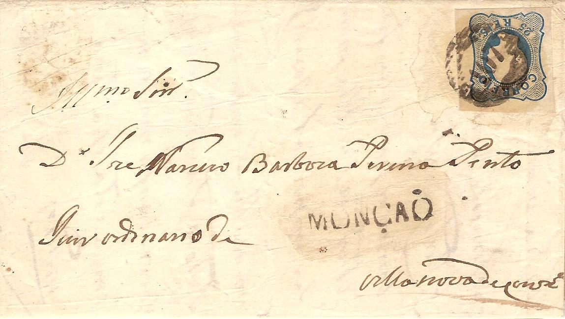 011.050.fb
26.01.1857
Carta circulada de Monção para Vila Nova de Cerveira, franquiada com selo de 25 réis (CE 11), correspondente ao porte interno simples para uma carta até 3 oitavas. Selo obliterado com carimbo de barras 5:10:5 Nr. 107 de Monção. Carimbo nominativo do 
período pré-adesivo GM-MNC 3 "MONCÃO".

