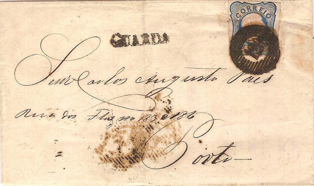 011.051.fb
04.06.1856
Carta circulada da Guarda para o Porto, franquiada com selo de 25 réis (CE 11), correspondente ao porte interno simples para uma carta até 3 oitavas. Selo obliterado com carimbo de barras 5:9:5 Nr. 120 da Guarda. Carimbo nominativo do período 
pré-adesivo GM-GRD 2 "GUARDA" e datado de chegada (08.06.1856).

