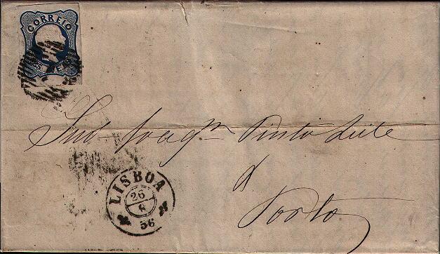 011.052.ar
26.08.1856
Carta circulada de Lisboa para o Porto, franquiada com selo de 25 rÃ©is (CE 11), correspondente ao porte interno para uma carta atÃ© 3 oitavas. Selo obliterado com carimbo de barras 4:7:4 Nr. 1 de Lisboa. Carimbos datados de Lisboa (duplo cÃ­rculo) 
e de chegada (29.08.1856).
