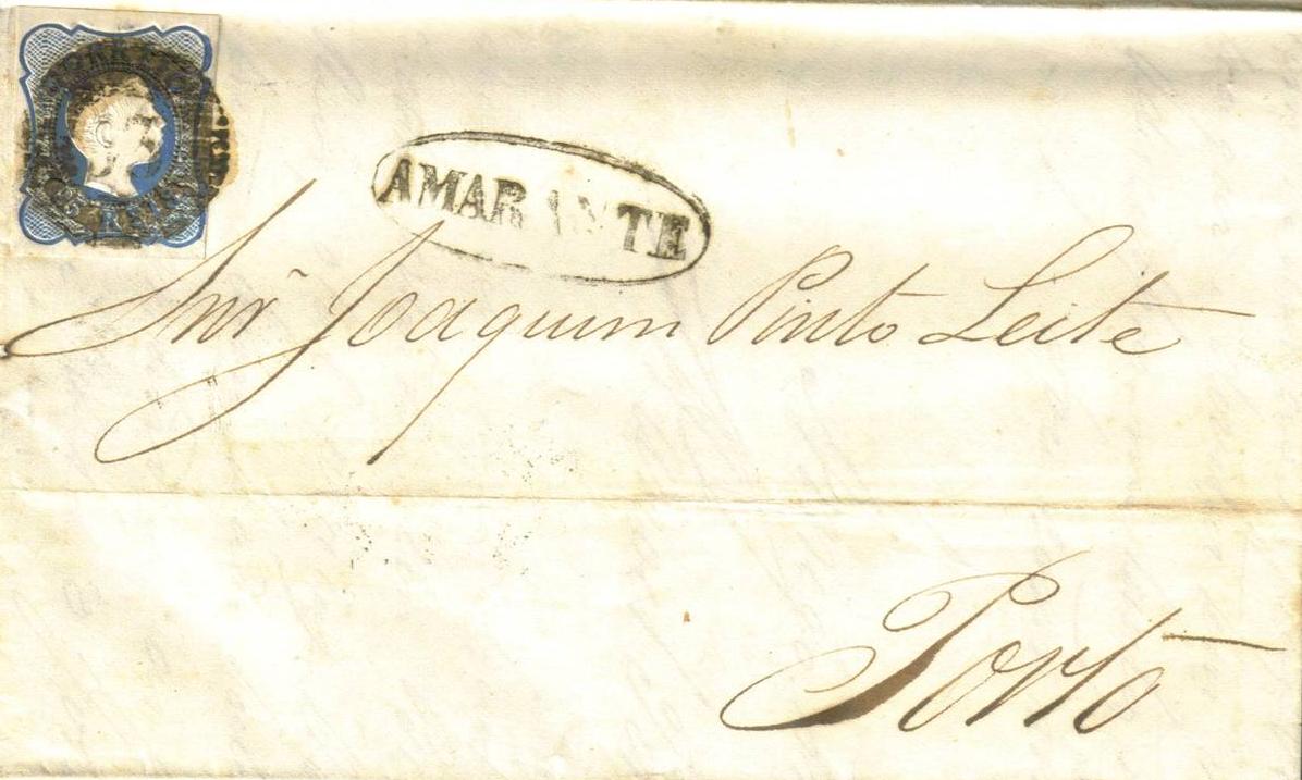 011.053.ar
04.09.1856
Carta circulada de Amarante para o Porto, franquiada com selo de 25 rÃ©is (CE 11), correspondente ao porte interno simples de uma carta atÃ© 3 oitavas. Selo obliterado com carimbo de barras 6:8:6 Nr. 53 de Amarante. Carimbo nominativo "AMARANTE" e datado de chegada (05.09.1856).
