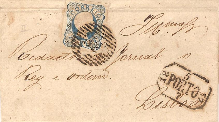 012.050.fb
05.07.1857
Carta circulada do Porto para Lisboa, franquiada com selo de 25 réis (CE 12) do tipo I, correspondente ao porte interno simples para uma carta até 3 oitavas. Selo obliterado com carimbo de barras 4:6:4 Nr. 52 do Porto. Carimbos datados do período pré-adesivo GM-PRT 19 "PORTO" e de chegada (07.07.1857).

