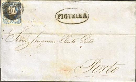 012.051.ar
04.01.1857
Carta circulada da Figueira da Foz para o Porto, franquiada com selo de 25 rÃ©is (CE 12) do tipo I, correspondente ao porte interno simples para uma carta atÃ© 3 oitavas. Selo obliterado com carimbo de barras 6:8:6 Nr. 87 da Figueira da Foz. Carimbo nominativo "FIGUEIRA" e datado de chegada (07.01.1857).
