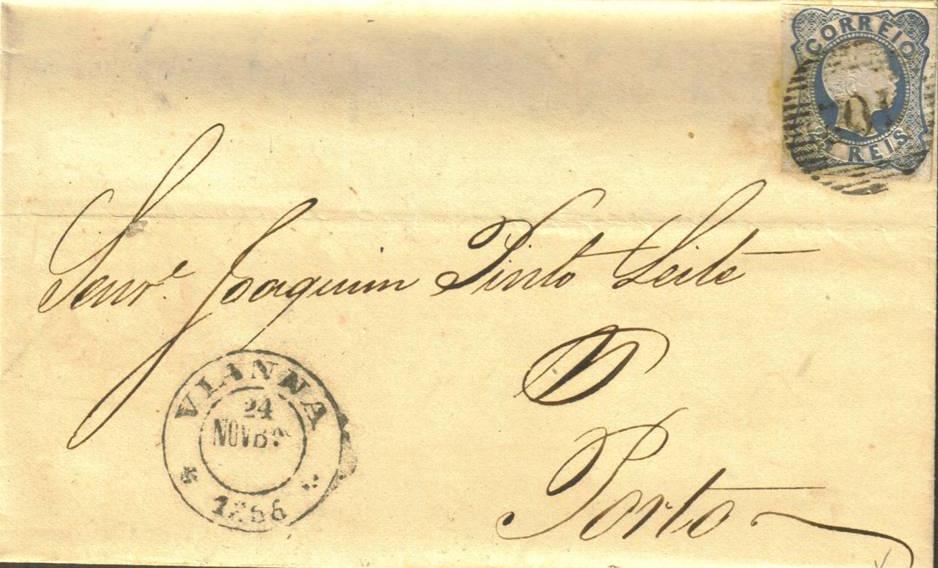 012.053.ar
24.11.1856
Carta circulada de Viana do Castelo para o Porto, franquiada com selo de 25 rÃ©is (CE 12) do tipo I, correspondente ao porte interno simples de uma carta atÃ© 3 oitavas. Selo obliterado com carimbo de barras 5:10:5 Nr. 102 de Viana do Castelo. Carimbos datados (duplo cÃ­rculo) de Viana e de chegada (25.11.1856).
