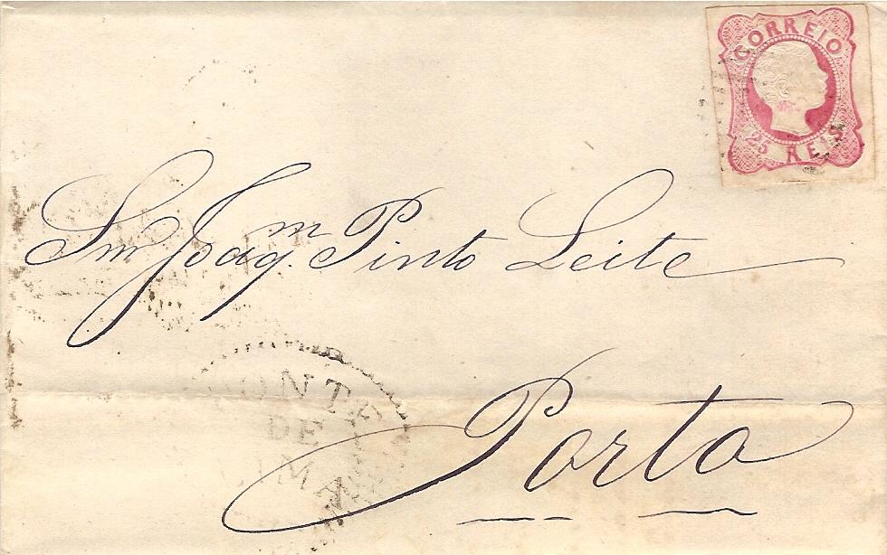 013.050.fb
15.08.1861
Carta circulada de Ponte de Lima para o Porto, franquiada com selo de 25 réis (CE 13) do tipo VI, correspondente ao porte interno simples para uma carta até 3 oitavas. Selo obliterado com carimbo de barras 4:3:4 Nr. 109. Carimbo nominativo do período pré-adesivo GM-PTL 3 "PONTE / DE / LIMA" e datado de chegada (16.08.1861).

