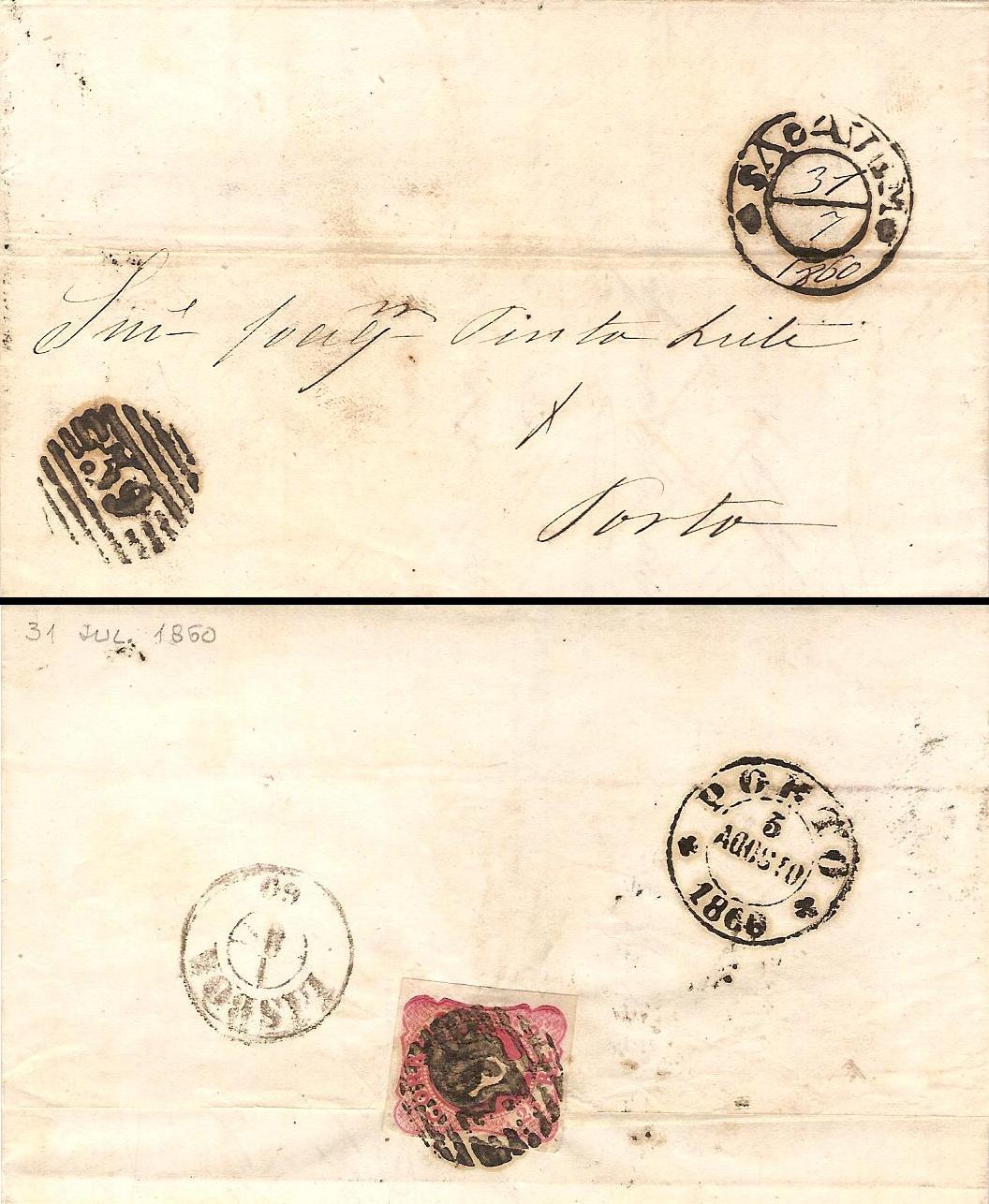 013.051.fb
31.07.1860
Carta circulada de Sacavém para o Porto, franquiada no verso com selo de 25 réis (CE 13) do tipo V, correspondente ao porte interno simples para uma carta até 3 oitavas. Selo obliterado com carimbo de barras 4:3:4 Nr. 39 de Sacavém. Carimbo nominativo (com data inscrita manualmente) de Sacavém e datados de trânsito (Lisboa) e de chegada (03.08.1860).
 
