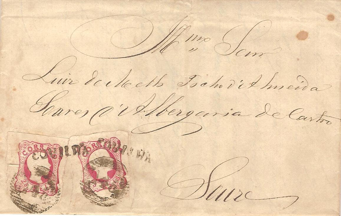 013.052.fb
18.04.1858
Carta circulada da Covilhã para Soure, franquiada com dois selos de 25 réis (CE 13) do tipo III (grosseiramente rasgados na sua separação da folha), correspondente ao duplo porte interno para uma carta com peso compreendido entre 3 e 5 oitavas. Selos obliterados com carimbos de barras 5:10:5 Nr 145 e nominativos do período pré-adesivo GM-CVL 2 "COVILHÃ".
