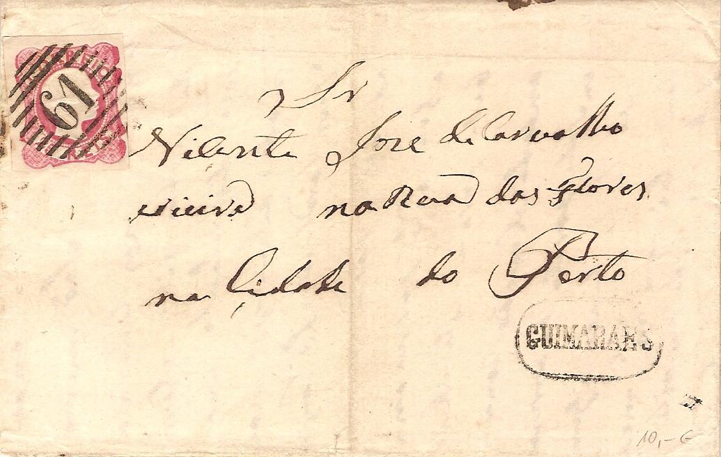 013.053.fb
24.06.1859
Carta circulada de Guimarães para o Porto, franquiada com selo de 25 réis (CE 13) do tipo IV, correspondente ao porte interno simples para uma carta até 3 oitavas. Selo obliterado com carimbo de barras 3:5:3 Nr. 61 de Guimarães. Carimbo nominativo "GUIMARAES" e datado de chegada (26.06.1859).
