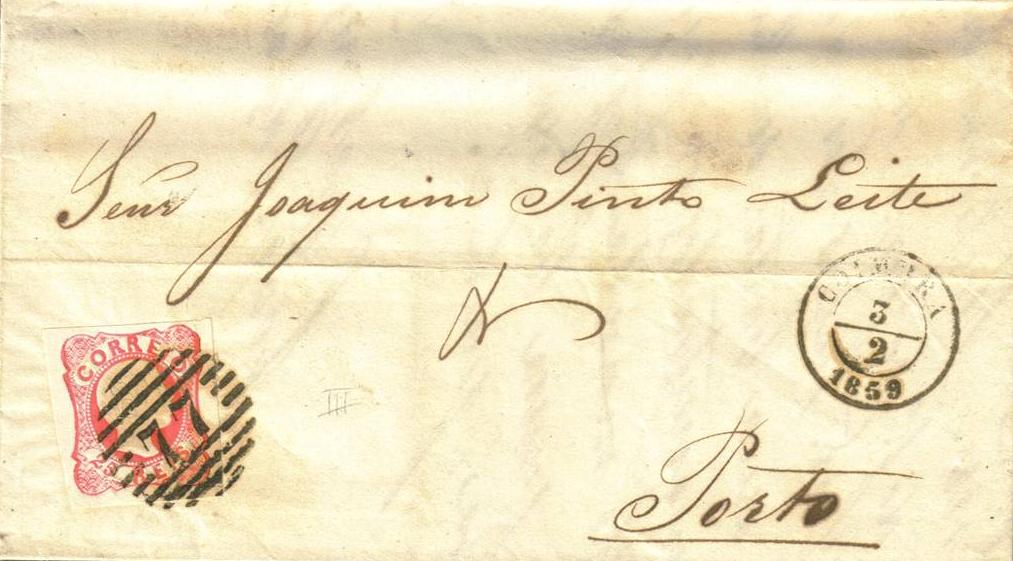 013.054.ar
03.02.1859
Carta circulada de Coimbra para o Porto, franquiada com selo de 25 rÃ©is (CE 13) do tipo III, correspondente ao porte interno simples para uma carta atÃ© 3 oitavas. Selo obliterado com carimbo de barras 4:3:4 Nr. 77 de Coimbra. Carimbos datados (duplo cÃ­rculo) de Coimbra e de chegada (04.02.1859).
