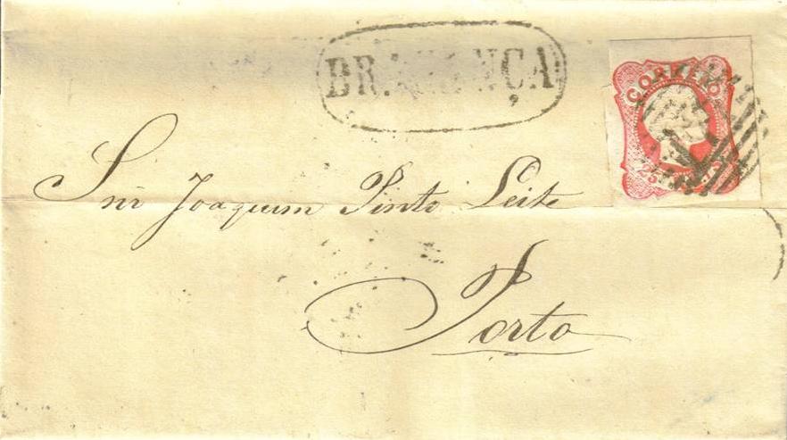 013.056.ar
30.12.1858
Carta circulada de BraganÃ§a para o Porto, franquiada com selo de 25 rÃ©is (CE 13) do tipo VI, correspondente ao porte interno simples para uma carta atÃ© 3 oitavas. Selo obliterado com carimbo de barras 4:3:4 Nr. 177 de BraganÃ§a. Carimbo nominativo do perÃ­odo prÃ©-adesivo GM-BGC 4 "BRAGANCA" e datado de chegada (02.01.1859).
