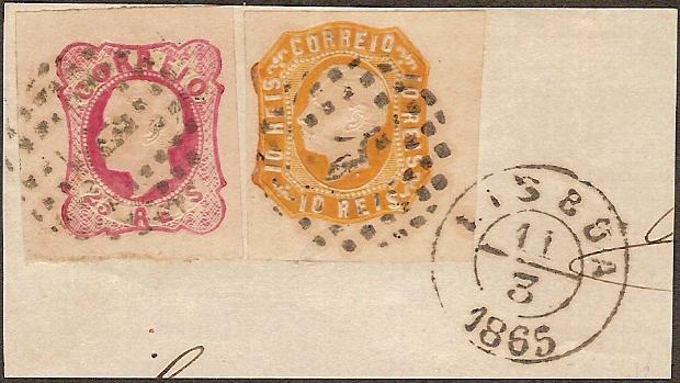 015.040.fb
Fragmento com selo de 10 (CE 15) e 
25 réis (CE 16) tipo IV.
Selos obliterados com carimbos de pontos Nr. 1 
e datados (duplo círculo) de Lisboa (11.03.1865).

