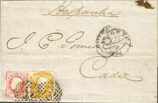 015.050.ar
16.05.1866
Carta circulada do Porto para Cadiz (Espanha), franquiada com um selo de 10 rÃ©is (CE 15) e um outro de 25 rÃ©is (CE 16) do tipo V, correspondente ao porte simples para uma carta atÃ© 7,5 gramas com destino a Espanha. Selos obliterados com carimbos de pontos Nr. 52 do Porto. Carimbos datados do Porto (duplo cÃ­rculo) e de chegada.
