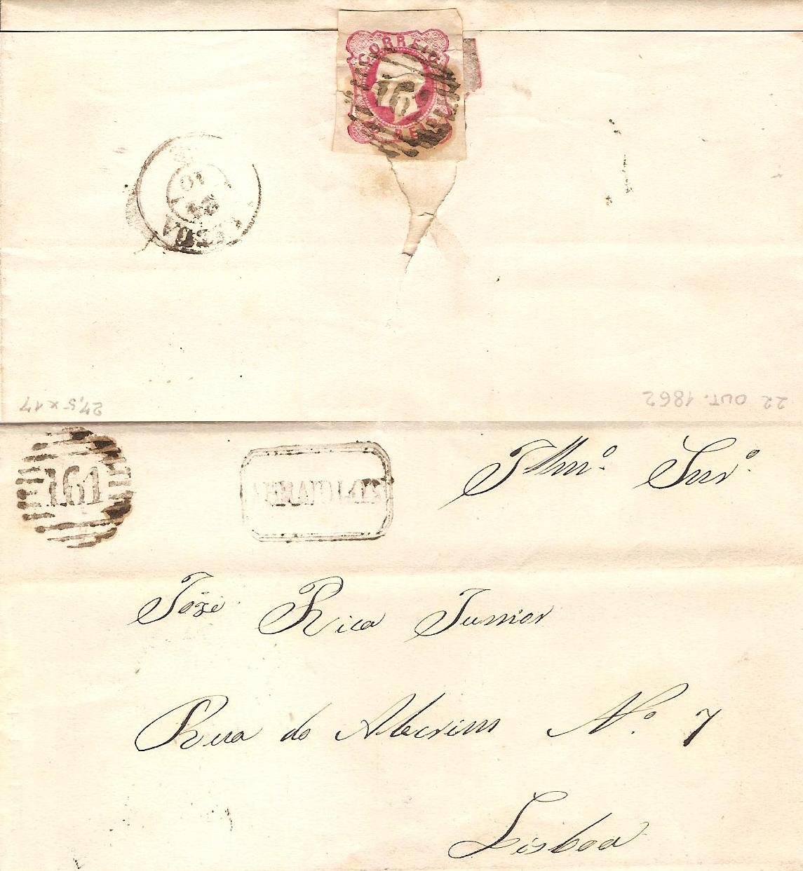 016.051.fb
22.10.1862
Carta circulada de Arroiolos para Lisboa, franquiada no verso com selo de 25 rÃ©is (CE 16) do tipo II, correspondente ao porte interno para uma carta atÃ© 15 gramas. Selo obliterado com carimbo de barras 3:5:3 Nr. 161 de Arraiolos. Carimbo nominativo "ARRAIOLOS" e datado de chegada (24.10.1862).
