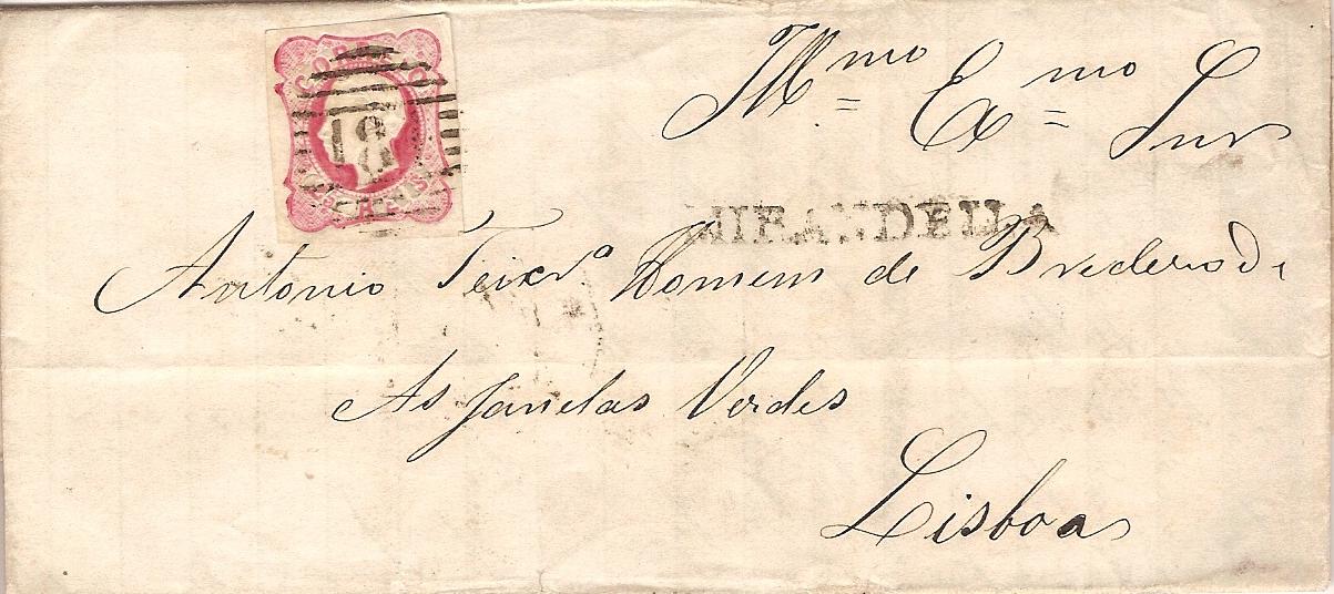 016.052.fb
17.09.1864
Carta circulada de Mirandela para Lisboa, franquiada com selo de 25 rÃ©is (CE 16) do tipo III, correspondente ao porte interno para uma carta atÃ© 15 gramas. Selo obliterado com carimbo de barras 4:3:4 Nr. 184 de Mirandela. Carimbo nominativo do perÃ­odo prÃ©-adesivo "MIRANDELLA" e datados de trÃ¢nsito (Porto) e de chegada (20.09.1864).
