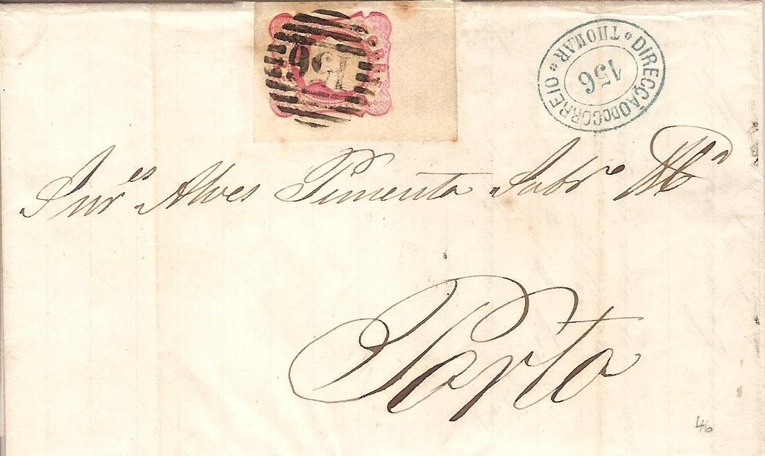 016.053.fb
10.02.1865
Carta circulada de Tomar para o Porto, franquiada com selo de 25 rÃ©is (CE 16) do tipo IV topo de folha, correspondente ao porte interno para uma carta atÃ© 15 gramas. Selo obliterado com carimbo de barras 4:3:4 Nr. 156 de Tomar. Carimbo nominativo (azul) "DIRECCÃƒO DO CORREIO / 156 / TOMAR" e datado de chegada (11.02.1865).

