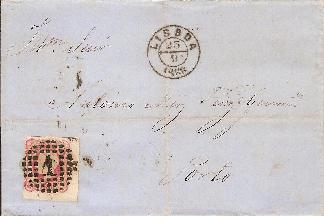 016.056.fb
25.09.1866
Carta circulada de Lisboa para o Porto, franquiada com selo de 25 rÃ©is (CE 16) do tipo VI, correspondente ao porte interno para uma carta atÃ© 15 gramas. Selo obliterado com carimbo de pontos Nr. 1 de Lisboa. Carimbos datados de Lisboa (duplo cÃ­rculo) e de chegada (26.09.1866).
