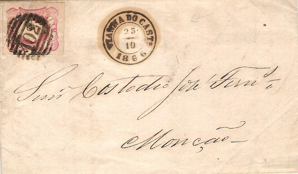 016.057.fb
25.10.1866
Carta circulada de Viana do Castelo para MonÃ§Ã£o, franquiada com selo de 25 rÃ©is (CE 16) do tipo VII, correspondente ao porte interno para uma carta atÃ© 15 gramas. Selo obliterado com carimbo de barras 4:3:4 Nr. 102 de Viana do Castelo. Carimbo datado de Viana do Castelo (duplo cÃ­rculo).

