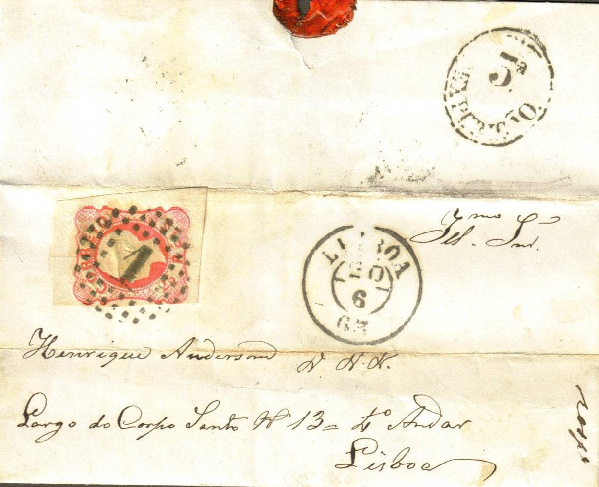 016.059.ar
20.06.1863
Carta circulada internamente em Lisboa, franquiada com selo de 25 rÃ©is (CE 16) do tipo VII, correspondente ao porte interno simples de uma carta atÃ© 15 gramas. Selo obliterado com carimbo de pontos Nr. 1 de Lisboa. Carimbo datado (duplo cÃ­rculo) de Lisboa e marca "5a ExpediÃ§Ã£o".
