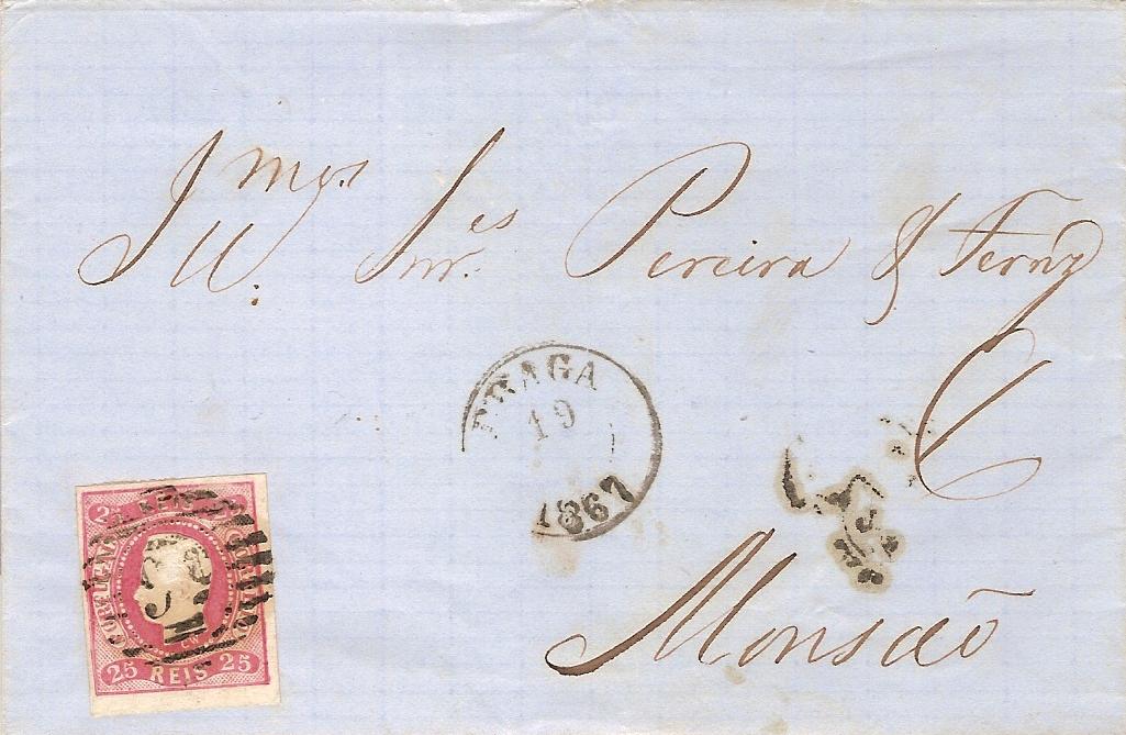 022.050.fb
19.06.1867
Carta circulada de Braga para MonÃ§Ã£o, franquiada com selo de 25 rÃ©is (CE 22) do tipo II, corespondente ao porte interno de uma carta atÃ© 15 gramas. Selo obliterado com carimbo de barras 4:3:4 Nr. 56 de Braga. Carimbos datados de Braga (duplo cÃ­rculo) e de chegada (20.06.1867).
