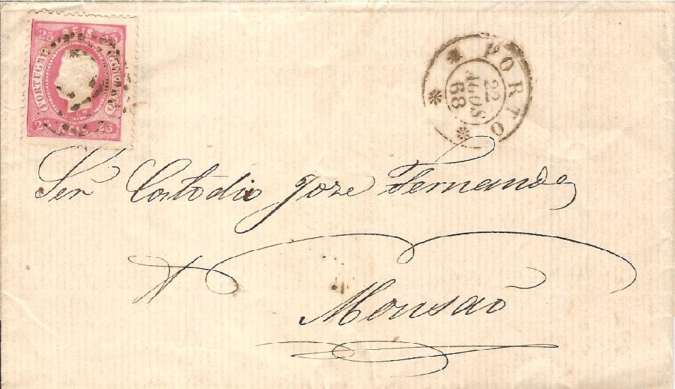 030.050.fb
22.08.1868
Carta circulada do Porto para MonÃ§Ã£o, franquiada com selo de 25 rÃ©is (CE 30) do tipo XIII, correspondente ao porte interno simples para uma carta atÃ© 15 gramas. Selo obliterado com carimbo de pontos Nr. 52 do Porto. Carimbo datado do Porto (duplo cÃ­rculo).
