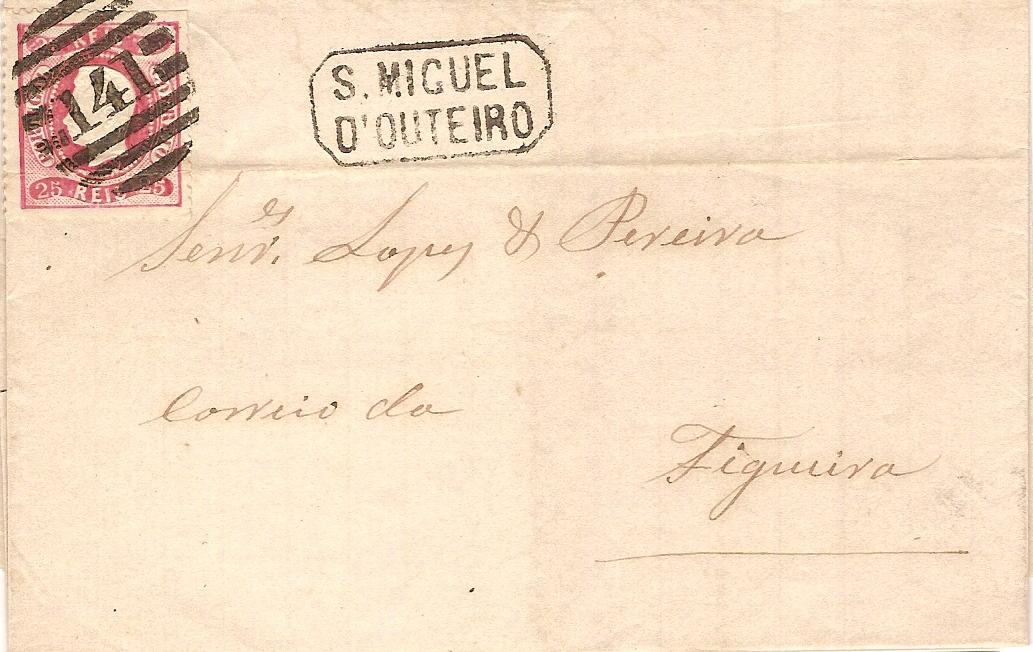 030.055.fb
09.04.1870
Carta circulada de S. Miguel de Outeiro para a Figueira da Foz, franquiada com selo de 25 rÃ©is (CE 30) do tipo X, correspondente ao porte interno simples para uma carta atÃ© 15 gramas. Selo obliterado com carimbo de barras 3:2:3 Nr. 141 de S. Miguel de Outeiro. Carimbo nominativo DG-372 "S.MIGUEL / D'OUTEIRO".
