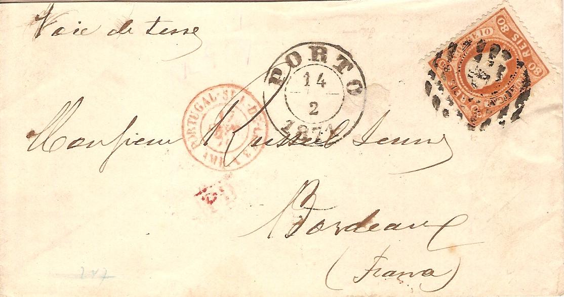 032.050.fb
14.02.1871
Sobrescrito circulado do Porto para Bordeaux (FranÃ§a), franquiado com selo de 80 rÃ©is (CE 32), correspondente ao porte simples para FranÃ§a de uma carta atÃ© 10 gramas. Selo obliterado com carimbo de barras 3:2:3 Nr. 46 do Porto. Carimbos datados do Porto (duplo cÃ­rculo), de trÃ¢nsito e chegada (18.02.1871).
Certificado - Kretzschmar
