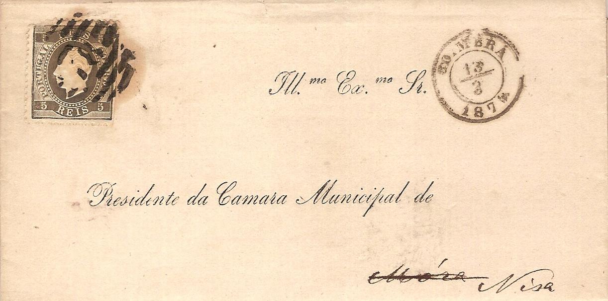 036.PL12.080.fb
13.03.1874
Carta/Circular circulada de Coimbra para Nisa, franquiada com selo de 5 rÃ©is (CE 36) do tipo I em papel liso e denteado 12 1/2, correspondente ao porte interno simples para impressos atÃ© 40 gramas. Selo obliterado com carimbo de barras 3:2:3 Nr. 78 de Coimbra. Carimbo datado de Coimbra (duplo cÃ­rculo).
