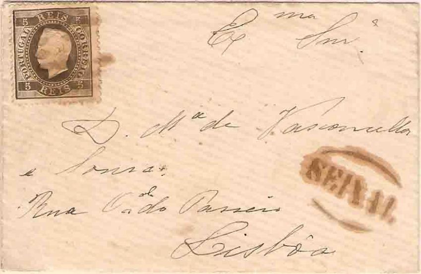 036.pl13.082.iv
Carta/Circular circulada do Seixal para Lisboa, franqueada com selo de 5 rÃ©is (CE 36) do tipo IX em papel liso e denteado 13 1/2, correspondente ao porte interno simples de impressos atÃ© 40 gramas. Selo obliterado com carimbo de barras 3:2:3 Nr. 36 do Seixal. Carimbo nominativo SEIXAL e datado de chegada (14.01.1878).

