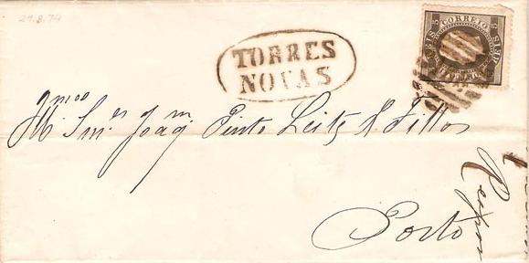 036.pl14.081.iv
29.08.1874
Carta/Circular circulada de Torres Novas para o Porto, franqueada com selo de 5 rÃ©is (CE 36) do tipo XII em papel liso e denteado 14, correspondente ao porte interno simples de impressos atÃ© 40 gramas. Selo obliterado com carimbo de barras 3:2:3 Nr. 188 de Torres Novas. Carimbo nominativo DG-409 "TORRES NOVAS" e datado de chegada (03.09.1874).

