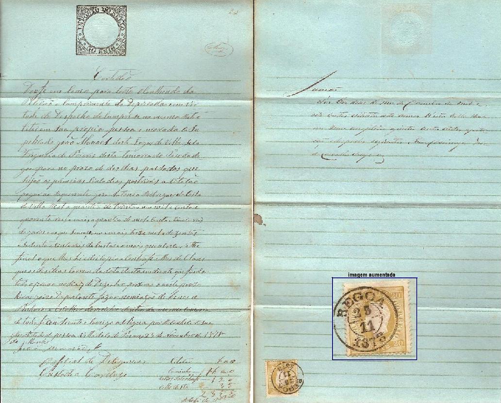039.PL12.080.fb
25.11.1878
Documento circulado (provavelmente cintado), franquiado com selo de 20 rÃ©is (CE 39) do tipo I em papel liso e denteado 12 1/2 no verso da certidÃ£o, correspondente ao porte interno simples de manuscritos atÃ© 50 gramas. Selo obliterado com carimbo datado da RÃ©gua (duplo cÃ­rculo).
