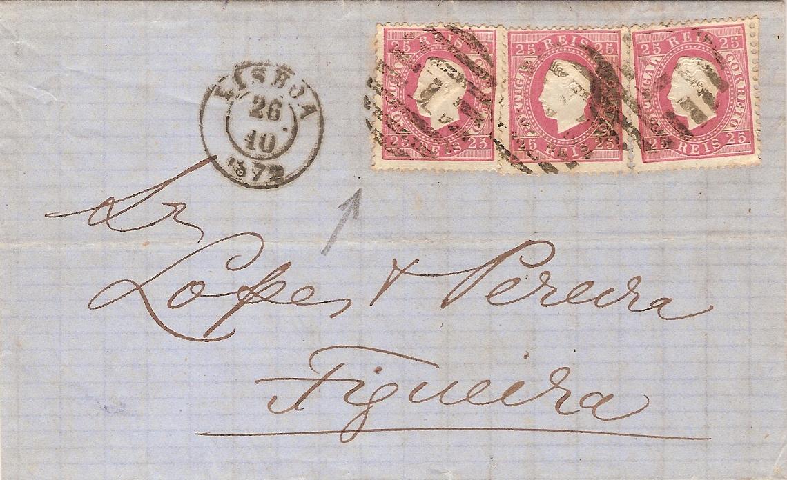 040.PC12.080.fb
26.10.1872
Carta circulada de Lisboa para a Figueira da Foz, franquiada com trÃªs selos de 25 rÃ©is (CE 40), todos eles do tipo II e em denteado 12 1/2, um em papel costelado (frente) e os outros dois em papel liso, correspondente ao triplo porte interno para uma carta com peso compreendido entre 20 e 30 gramas. Selos obliterados com carimbos de barras 3:2:3 Nr. 1 de Lisboa. Carimbo datado de Lisboa (duplo cÃ­rculo).
