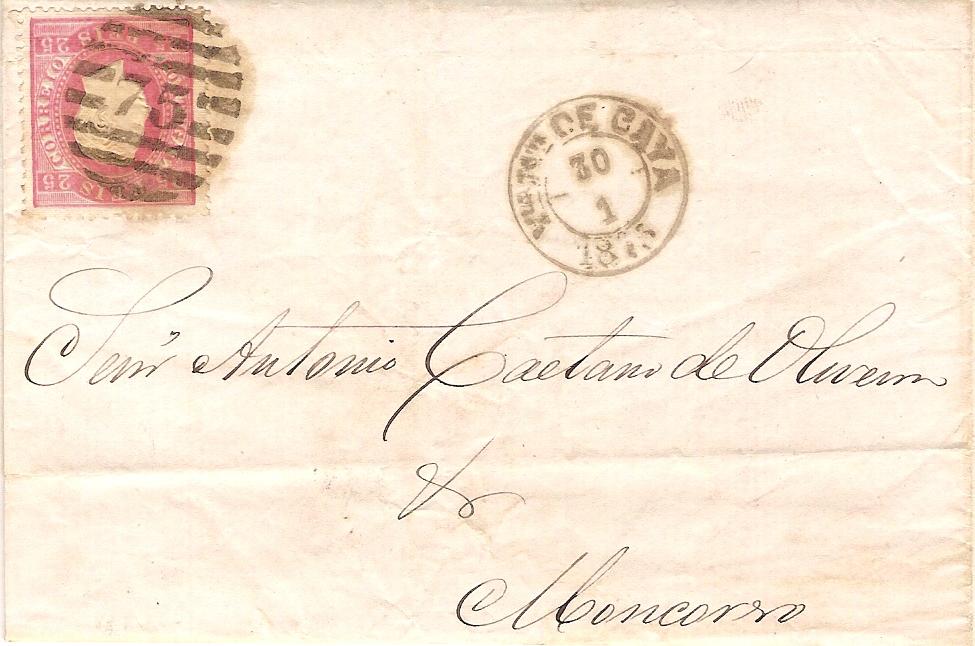 040.PC12.081.fb
30.01.1873
Carta circulada de Vila Nova de Gaia para Moncorvo, franquiada com selo de 25 rÃ©is (CE 40) do tipo II em papel costelado (frente) e denteado 12 1/2, correspondente ao porte interno simples para uma carta atÃ© 10 gramas. Selo obliterado com carimbo de barras 3:2:3 Nr. 75 de Vila Nova de Gaia. Carimbo datado de Vila Nova de Gaia (duplo cÃ­rculo) e de trÃ¢nsito (Porto).
