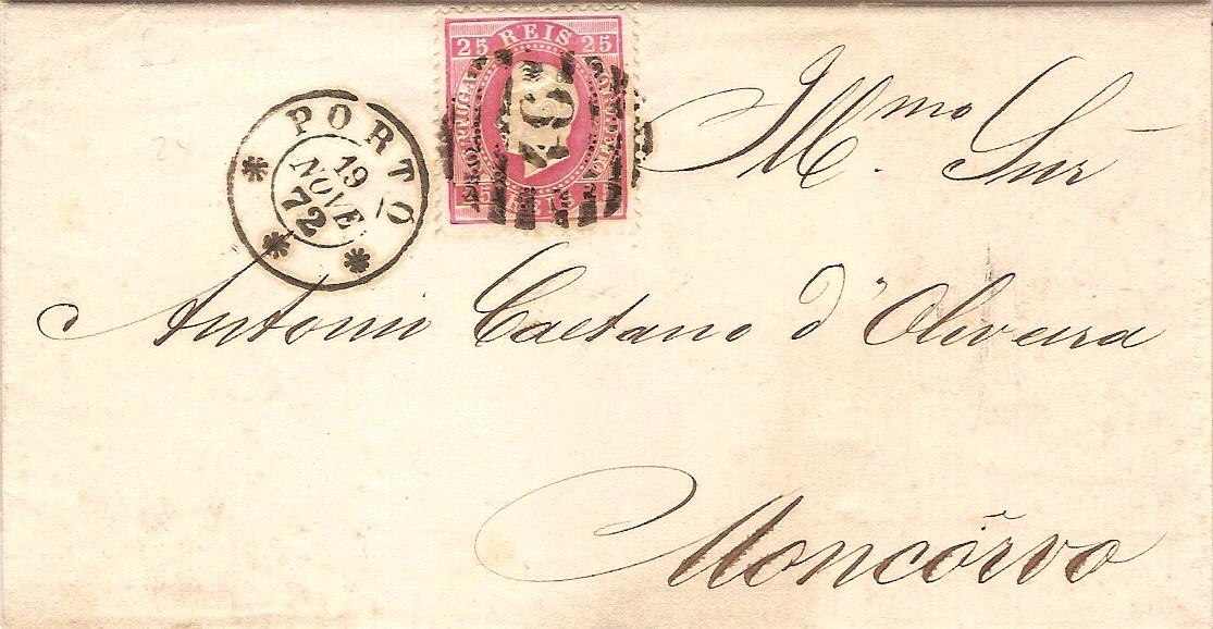 040.PC12.082.fb
21.02.1872
Carta circulada do Porto para Moncorvo, franquiada com selo de 25 rÃ©is (CE 40) do tipo II em papel costelado (verso) e denteado 12 1/2, correspondente ao porte interno simples para uma carta atÃ© 10 gramas. Selo obliterado com carimbo de barras 3:2:3 Nr. 46 do Porto. Carimbo datado do Porto (duplo cÃ­rculo).
