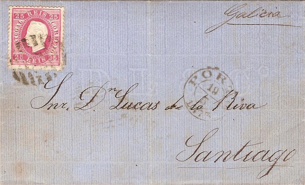040.PL12.082.fb
19.03.1873
Carta circulada do Porto para Santiago de Compostela (Espanha), franqueada com selo de 25 rÃ©is (CE 40) do tipo XII em papel liso e denteado 12 1/2, correspondente ao porte interno simples para uma carta atÃ© 10 gramas com destino a Espanha. Selo obliterado com carimbo de barras 3:2:3 Nr. 46 do Porto. Carimbos datados do Porto e de trÃ¢nsito.
