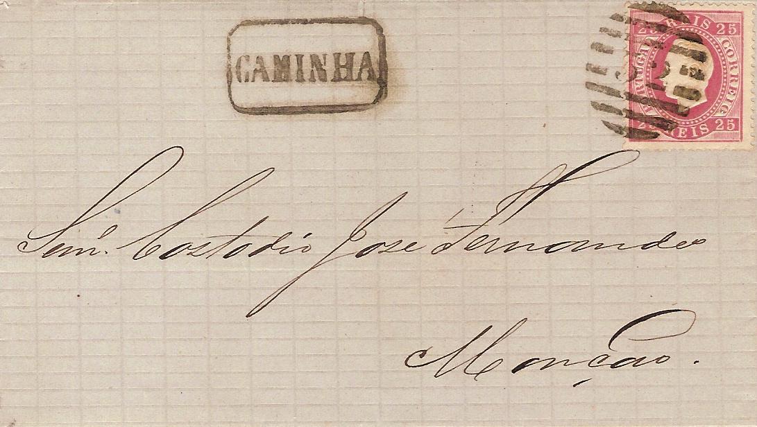 040.PL12.084.fb
18.12.1874
Carta circulada de Caminha para MonÃ§Ã£o, franqueada com selo de 25 rÃ©is (CE 40) do tipo II em papel liso e denteado 12 1/2, correspondente ao porte interno simples para uma carta atÃ© 10 gramas. Selo obliterado com carimbo de barras 3:2:3 Nr. 52 de Caminha. Carimbo nominativo DG-97 "CAMINHA".
