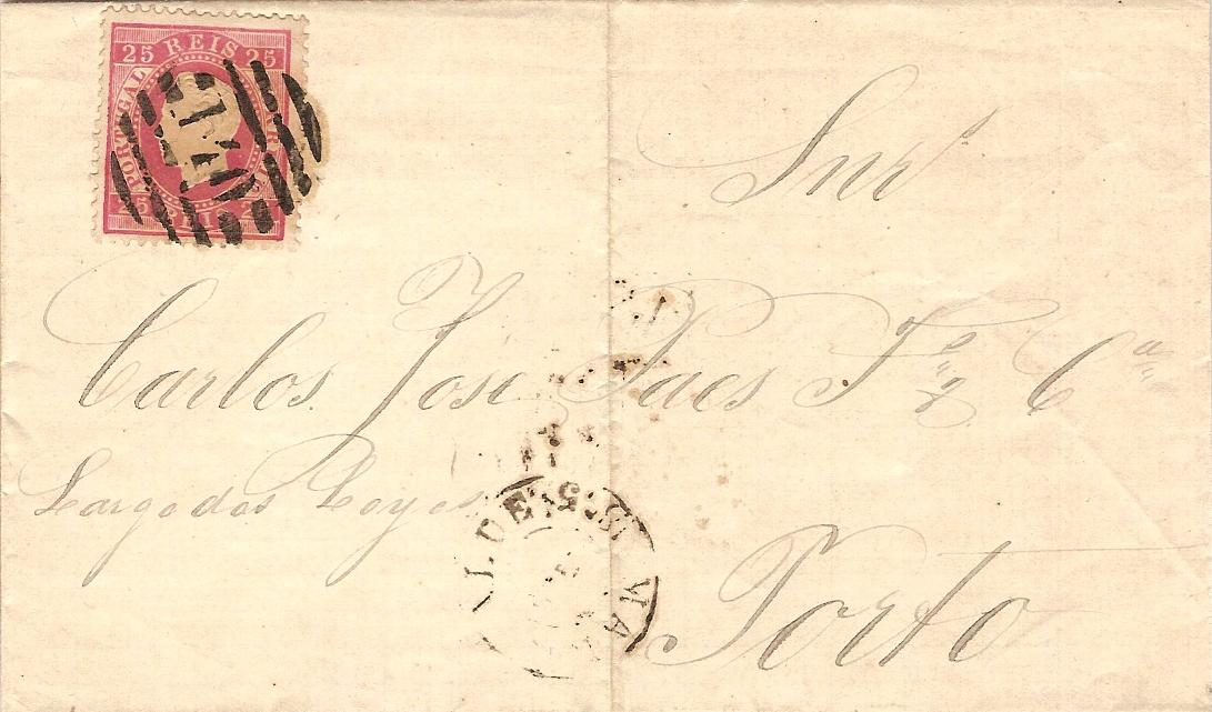 040.PL12.085.fb
06.02.1875
Capa de carta circulada de Mangualde para o Porto, franqueada com selo de 25 rÃ©is (CE 40) do tipo XVI em papel liso e denteado 12 1/2, correspondente ao porte interno simples para uma carta atÃ© 10 gramas. Selo obliterado com carimbo de barras 3:2:3 Nr. 140 de Mangualde. Carimbos datados de Mangualde (duplo cÃ­rculo) e de chegada (08.02.1875).
