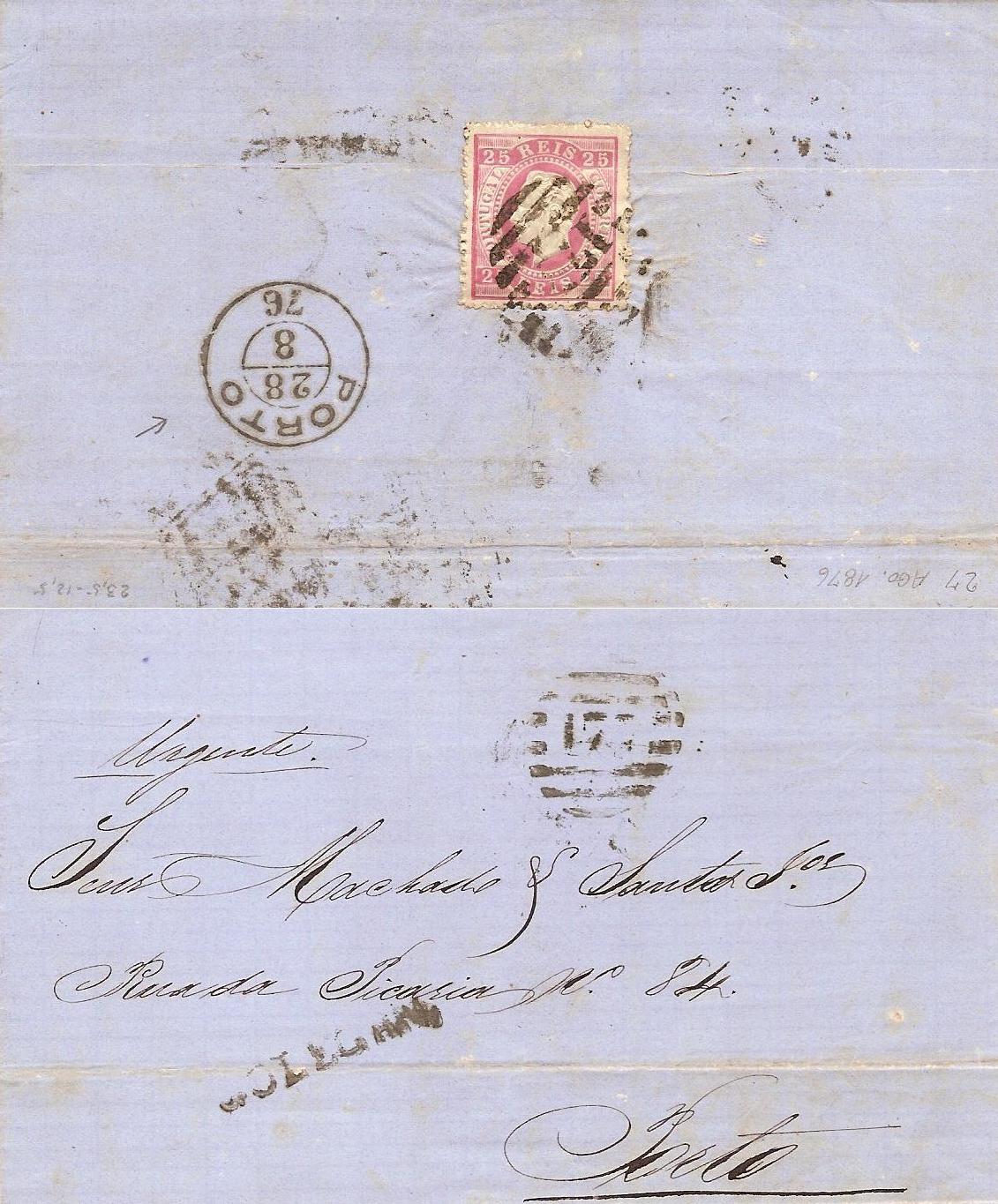 040.PL12.086.fb
27.08.1876
Carta circulada da GolegÃ£ para o Porto, franqueada no verso com selo de 25 rÃ©is (CE 40) do tipo VII em papel liso e denteado 12 1/2, correspondente ao porte interno simples para uma carta atÃ© 15 gramas. Selo obliterado com carimbo de barras 3:2:3 Nr. 177 da GolegÃ£. Carimbo nominativo do perÃ­odo prÃ©-adesivo GM-GLG 2 "GOLEGAN" e datado de chegada (28.08.1876).
