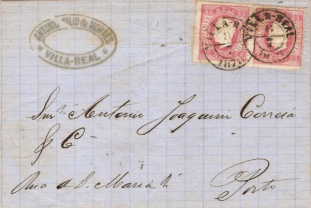 040.PL12.088.fb
08.07.1878
Carta circulada de Vila Real para o Porto, franqueada com dois selos (par horizontal) de 25 rÃ©is (CE 40) do tipo VII em papel liso e denteado 12 1/2, correspondente ao duplo porte interno para uma carta com peso compreendido entre 15 e 30 gramas. Selos obliterados com carimbos datados (duplo cÃ­rculo) de Vila Real. Carimbo datado de chegada (09.07.1878).
