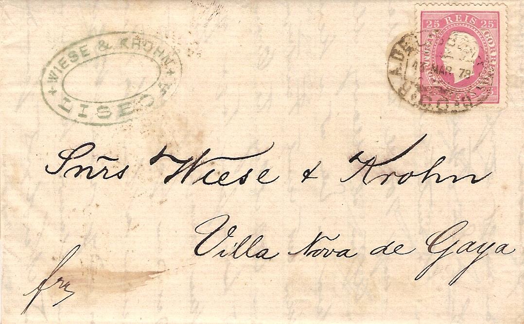 040.PL12.089.fb
13.03.1879
Carta circulada de Lisboa para Vila Nova de Gaia, franqueada com selo de 25 rÃ©is (CE 40) do tipo XIV em papel liso e denteado 12 1/2, correspondente ao porte interno simples para uma carta atÃ© 15 gramas. Selo obliterado com carimbo de ambulÃ¢ncia postal "R.A. DE LISBOA-PORTO / CC". Carimbo datado de chegada (13.03.1879).
