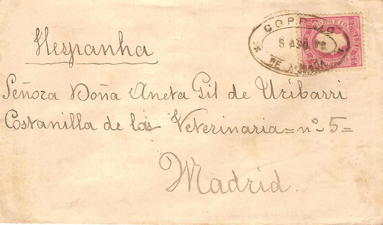 040.PL12.090.fb
06.08.1879
Sobrescrito circulado de Almada para Madrid (Espanha), franqueado com selo de 25 rÃ©is (CE 40) do tipo I em papel liso e denteado 12 1/2, correspondente ao porte simples de uma carta atÃ© 15 gramas com destino a Espanha. Selo obliterado com carimbo datado (dupla oval) de Almada. Carimbos de trÃ¢nsito (Lisboa) e de chegada (07.0.1879).
