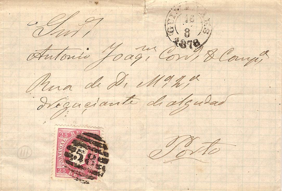 040.PL13.082.fb
16.08.1878
Carta circulada de GuimarÃ£es para o Porto, franquiada com selo de 25 rÃ©is (CE 40) do tipo IX em papel liso e denteado 13 1/2, correspondente ao porte interno simples para uma carta atÃ© 15 gramas. Selo obliterado com carimbo de barras 3:2:3 Nr. 58 de GuimarÃ£es. Carimbos datados de GuimarÃ£es (duplo cÃ­rculo) e de chegada (17.08.1878).
