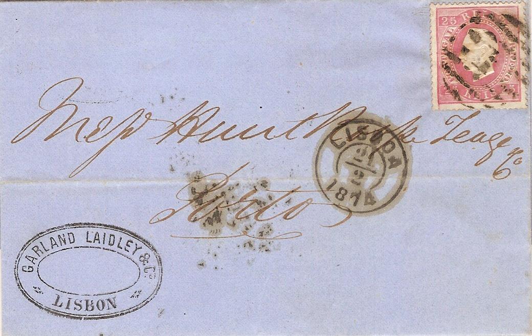 040.PL14.080.fb
21.02.1874
Carta circulada de Lisboa para o Porto, franqueada com selo de 25 rÃ©is (CE 40) do tipo VII em papel liso e denteado 14. correspondente ao porte interno simples para uma carta atÃ© 10 gramas. Selo obliterado com carimbo de barras 3:2:3 Nr. 1 de Lisboa. Carimbos datados de Lisboa (duplo cÃ­rculo) e de chegada (22.02.1874).
