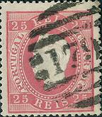 040.PC12.080.mc
CE 40
25 rÃ©is
Tipo VII
P.Costelado (verso)
Dent. 12 1/2
C.Barras 3:2:3 Nr. 179 de Monforte

