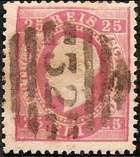 040.pc12.009.iv
CE 40
25 rÃ©is
Tipo XVII
P.Costelado (verso)
Dent. 12 1/2
C.Barras 3:2:3 Nr. 32 de Rio Maior
