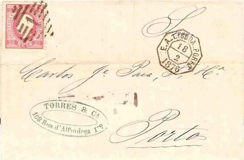 040.PL12.091.iv
18.02.1876
Carta circulada de Lisboa para o Porto, franqueada com selo de 25 rÃ©is (CE 40) do tipo XI em papel liso e denteado 12 1/2, correspondente ao porte interno simples para uma carta atÃ© 15 gramas. Selo obliterado com carimbo quadrangular de barras Nr. 1 de ambulÃ¢ncia postal. Carimbo datado octogonal de ambulÃ¢ncia postal "E. A. LISBOA - PORTO" e datado de chegada (19.02.1876).
