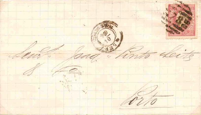 040.pl14.081.iv
10.10.1874
Carta circulada de Coimbra para o Porto, franqueada com selo de 25 rÃ©is (CE 40) do tipo XII em papel liso e denteado 14. correspondente ao porte interno simples para uma carta atÃ© 10 gramas. Selo obliterado com carimbo de barras 3:2:3 Nr. 78 de Coimbra. Carimbos datados de Lisboa (duplo cÃ­rculo) e de chegada (11.10.1874).

