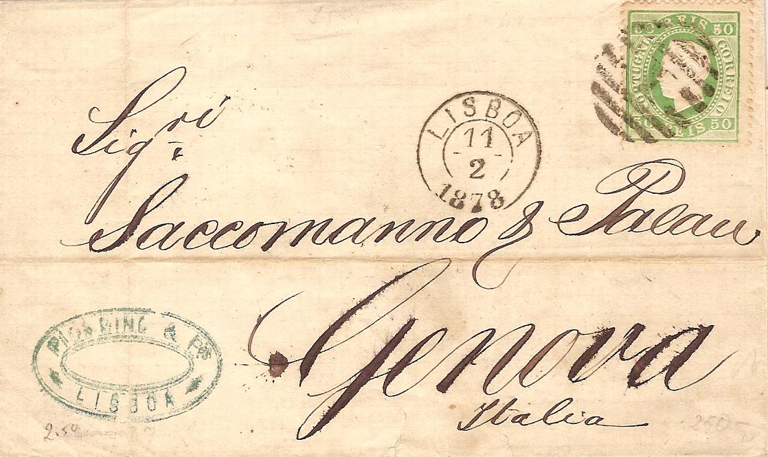 041.PL12.080.fb
11.02.1878
Capa de carta circulada de Lisboa para GÃ©nova (ItÃ¡lia), franquiada com selo de 50 rÃ©is (CE 41) do tipo I em papel liso e denteado 12 1/2, correspondente ao porte simples de uma carta com peso atÃ© 15 gramas com destino a ItÃ¡lia. Selo obliterado com carimbo de barras 3:2:3 Nr. 1 de Lisboa. Carimbos datados de Lisboa (duplo cÃ­rculo) e de chegada (16.02.1878).
